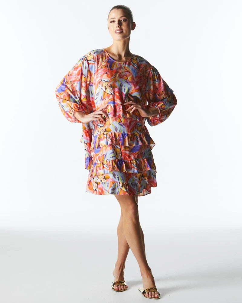 FATE+BECKER MIDSUMMER RUFFLE LONG SLEEVE MINI DRESS SUNSET PALM Chic Puff Sleeve Mini Dress