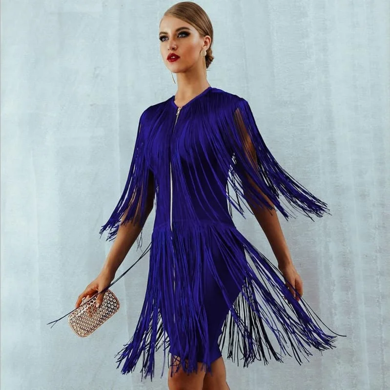 Fringe Zipper Detail Tassel Blue Mini Dress Cozy Long Sleeve Mini Dress