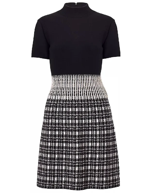 Black and White Plaid Mock Neck Mini Dress Classic Floral Print Mini Dress