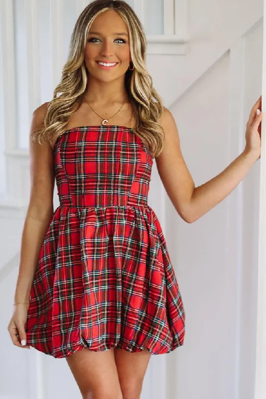 Holiday in Style Balloon Mini Dress - Red Plaid Comfortable Bodycon Mini Dress