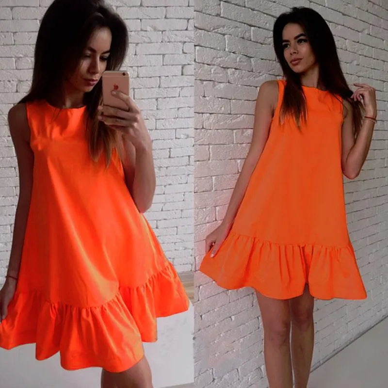 Jocoo Jolee 2024 Summer Solid Beach Chiffon Dress Women Casual Sleeveless Ruffled Loose Mini Dress Elegant Vestidos Clothing Fashionable Denim Mini Dress