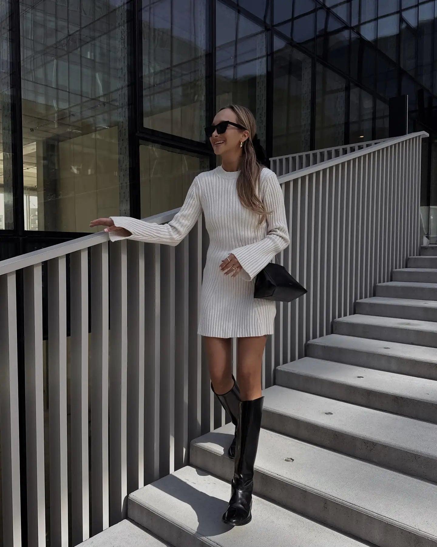 Knitted Long Sleeve Mini Dress Elegant Lace Mini Dress