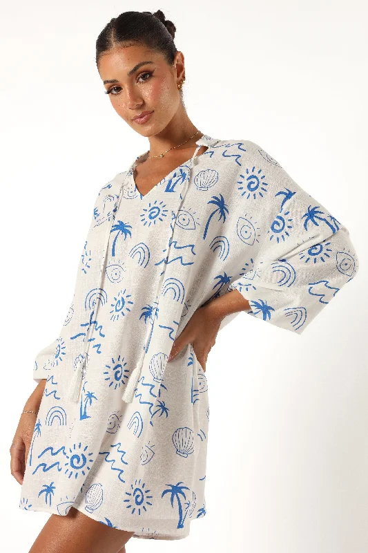 Laila Long Sleeve Linen Mini Dress - White Blue Chic Tropical Mini Dress
