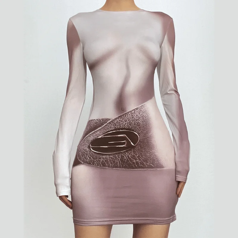 Long sleeve body print crewneck contrast mini dress Casual High-Waist Mini Dress