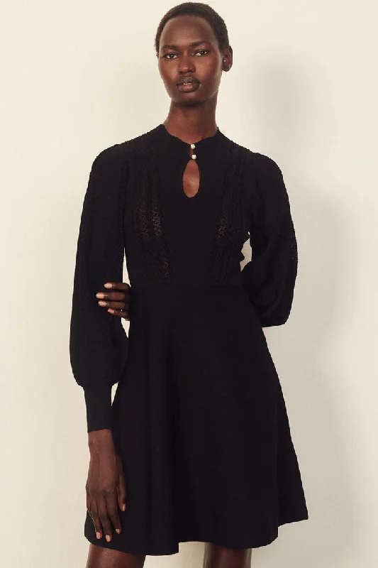 Long Sleeve Cashmere Sweater French Skater Mini Dress - Black Fashionable Pleated Mini Dress