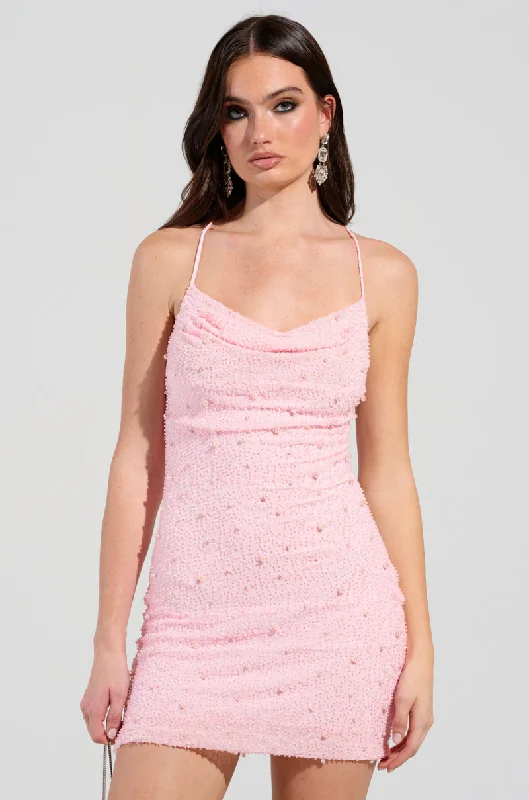 LOOK EXPENSIVE COWL NECK EMBELLISHED MINI DRESS Comfortable Off-Shoulder Mini Dress