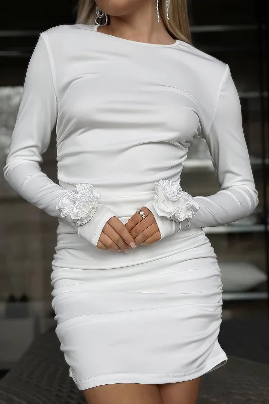 3D Floral Long Sleeve Round Neck Ruched Mini Dress Fashionable Mini Dress with Frills