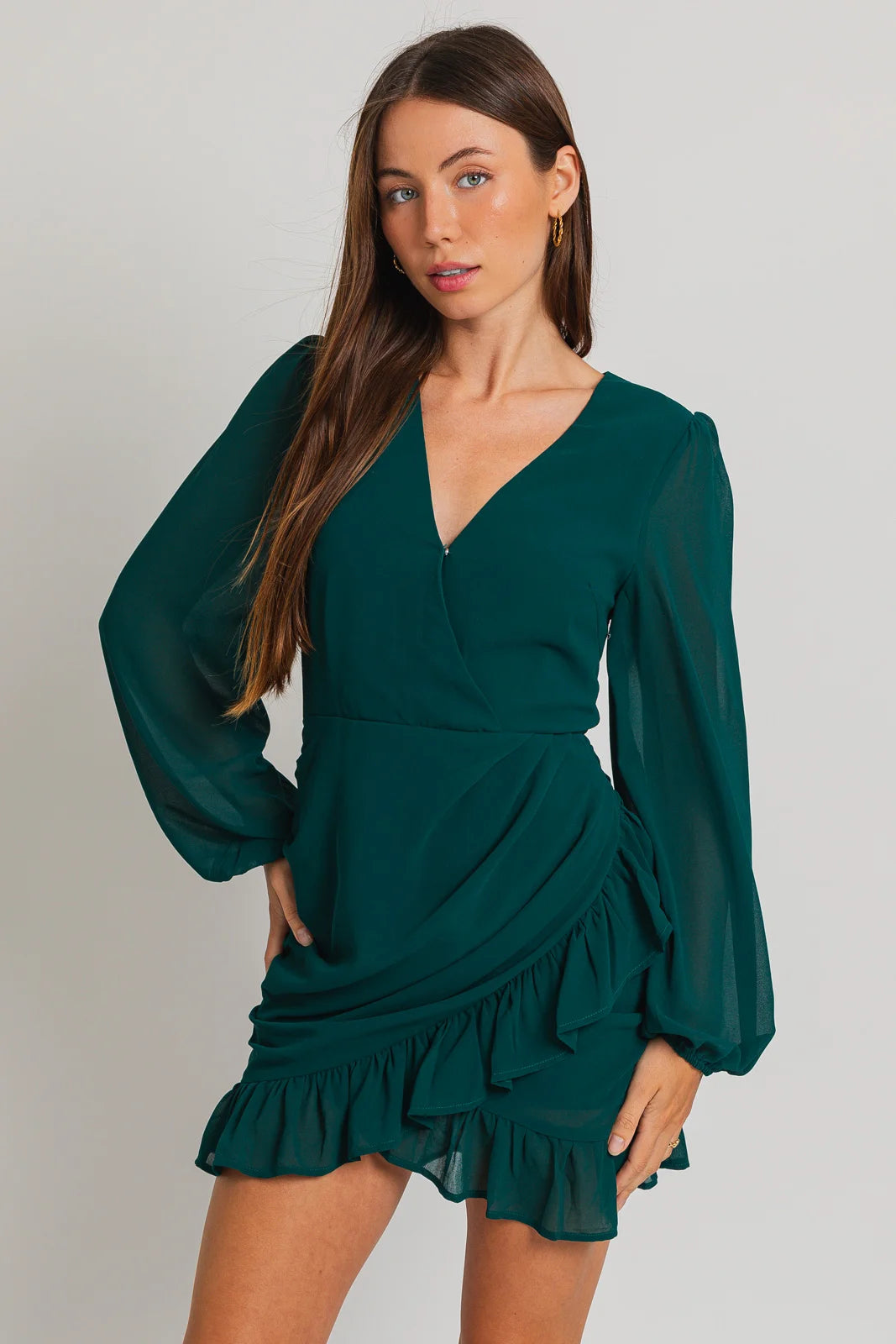 Ruffle Ruched Detail Wide Sleeve Chiffon Mini Dress Classic Floral Print Mini Dress