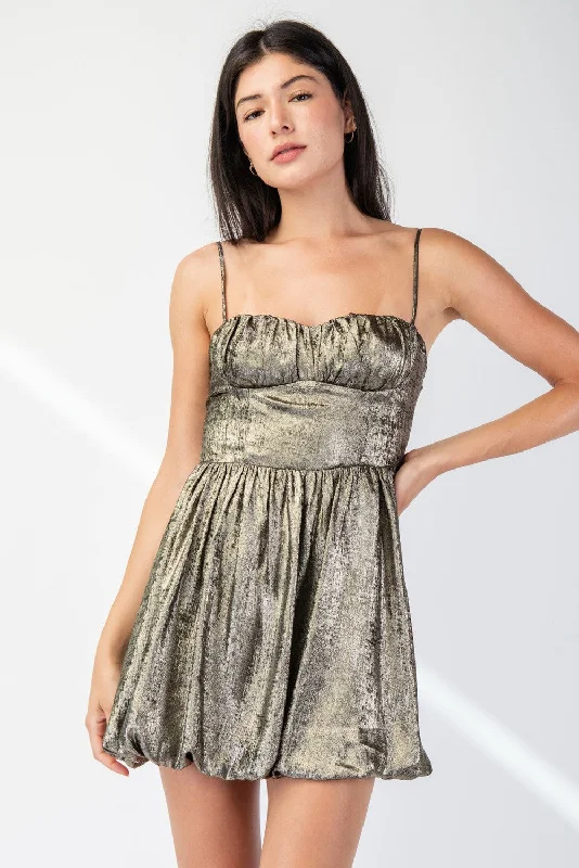 Metallic Satin Bubble Hem Mini Dress Cozy Satin Mini Dress