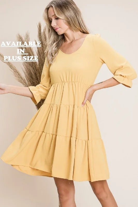 MUSTARD TIERED HIGH WAIST 3/4 SLEEVES PLUS SIZE MINI DRESS RJW5865XL Classic Shift Mini Dress MUSTARD TIERED HIGH WAIST 3/4 SLEEVES PLUS SIZE MINI DRESS RJW5865XL Classic Shift Mini Dress