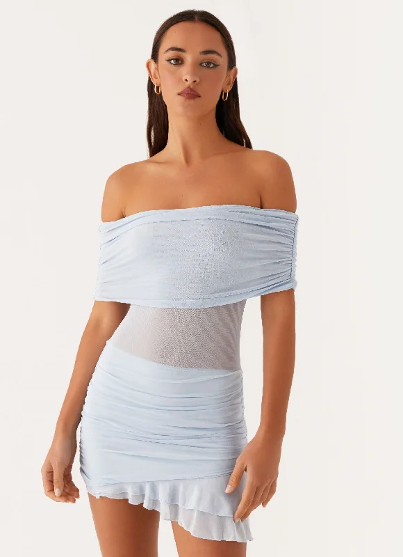 Nelly Off Shoulder Mini Dress - Blue Trendy A-Line Mini Dress