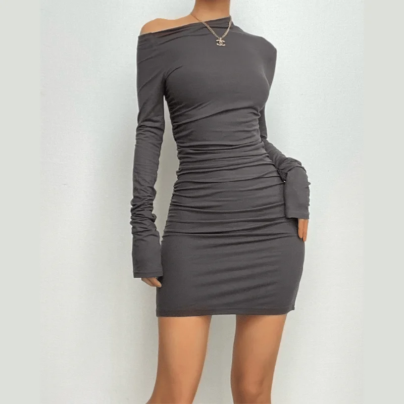 Off shoulder long sleeve ruched backless solid mini dress Cozy Wraparound Mini Dress