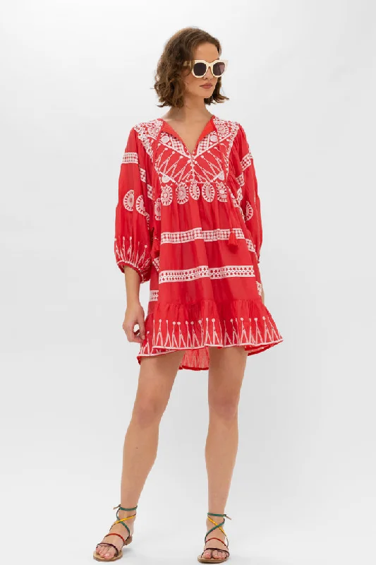 Oliphant Cuff Sleeve Mini Dress in Soleil Red Comfortable Ruffle Mini Dress