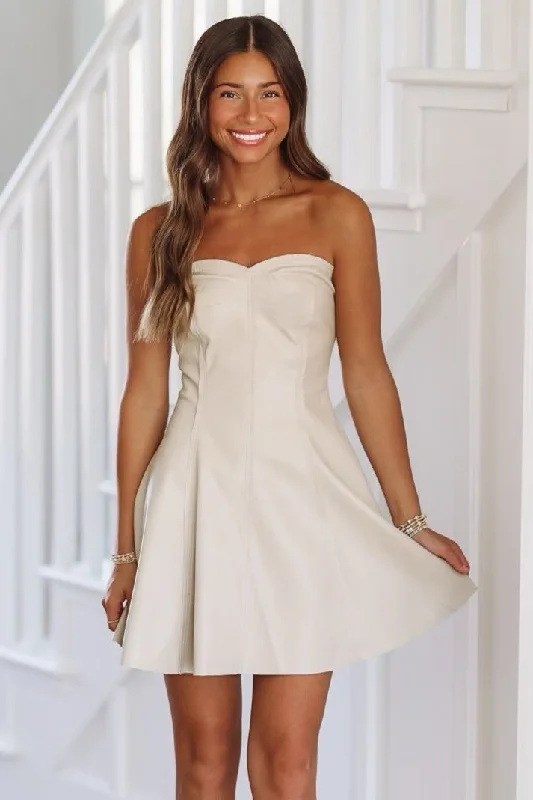 On My Mind Vegan Leather Mini Dress - Ecru Elegant Lace-Up Mini Dress