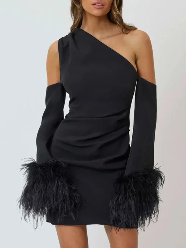 One Shoulder Feather Decor Mini Dress Cozy Sweater Mini Dress