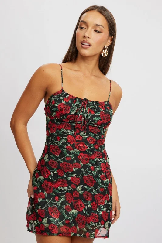 Red Floral Mini Dress Bias Elegant Satin Mini Dress