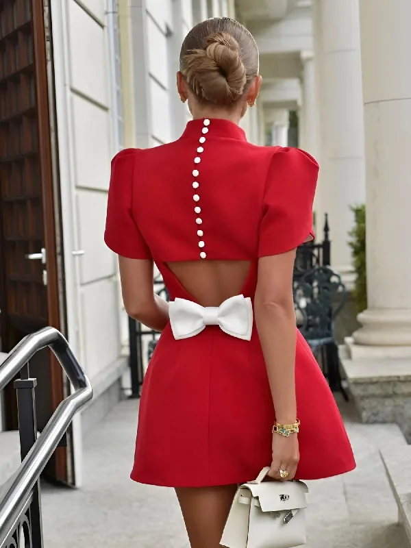 Elegant Hollow Out Red Mini Dress With Fashion Bow - Now In White Too! Trendy Floral Mini Dress Elegant Hollow Out Red Mini Dress With Fashion Bow - Now In White Too! Trendy Floral Mini Dress