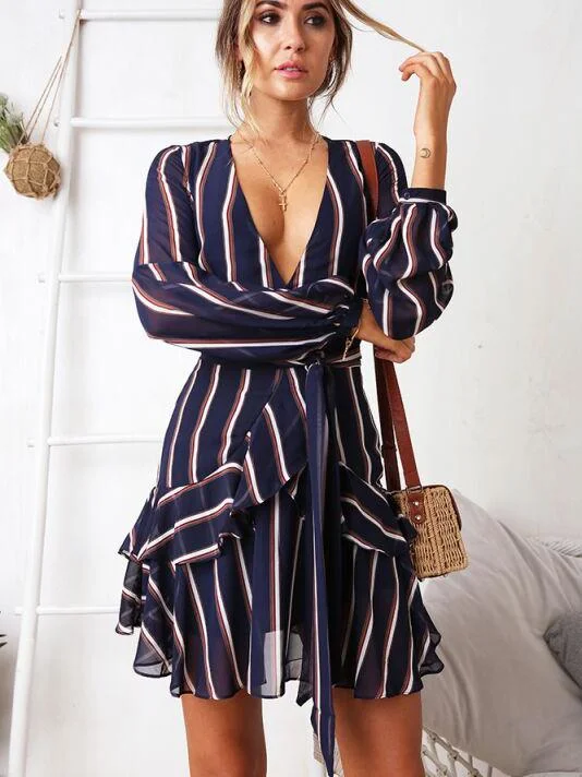 Retro Stripe Plunging Neck Ruffle Mini Dress Stylish Button-Down Mini Dress