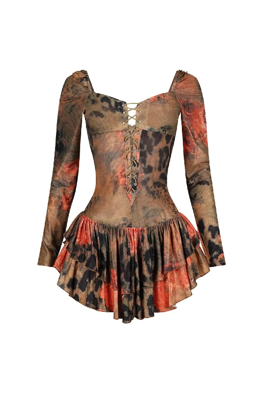 Reyna Print Mesh Ruffle Mini Dress Cozy Ribbed Mini Dress