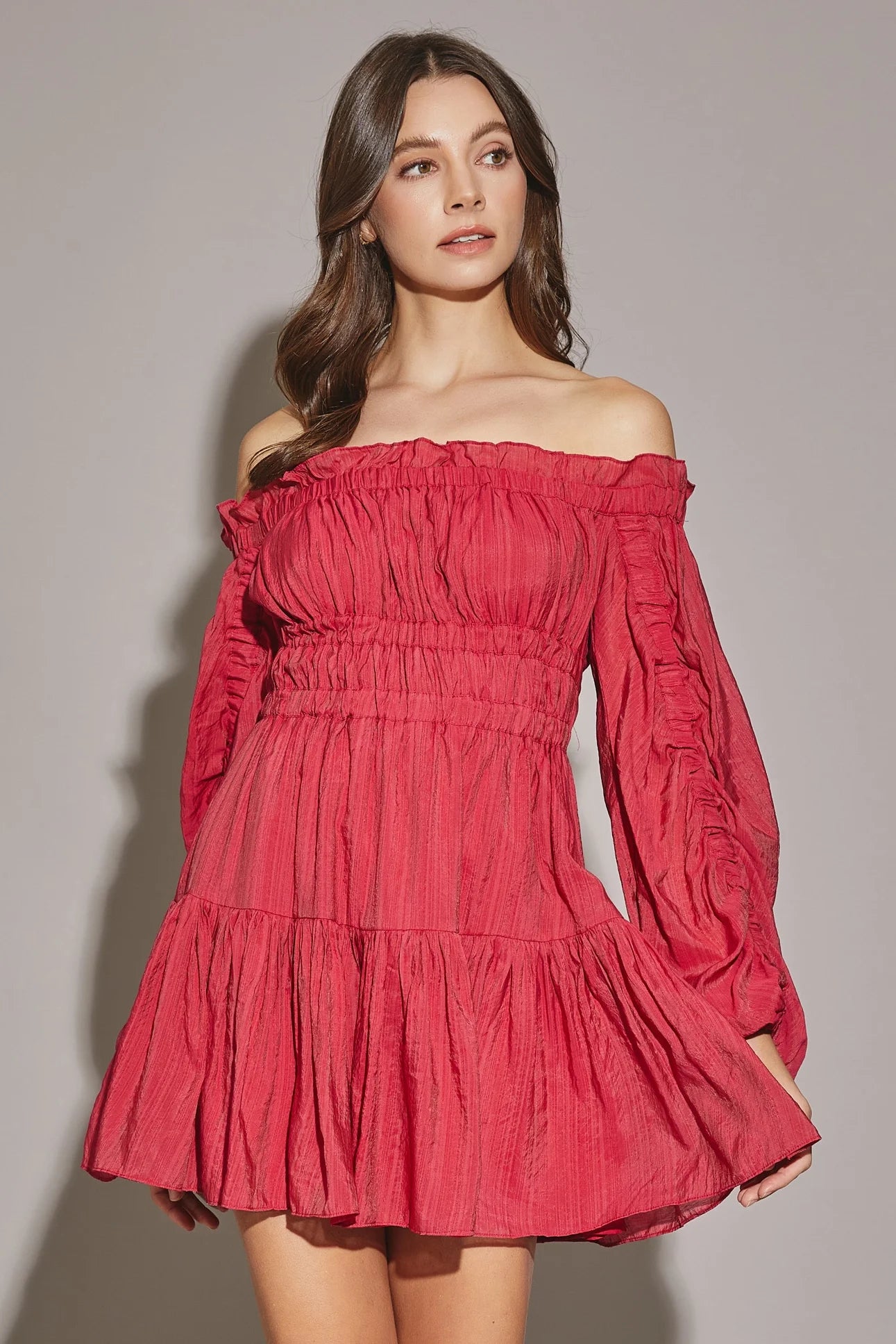 Off The Shoulder Shirred Tiered Hem Mini Dress Elegant Lace Mini Dress