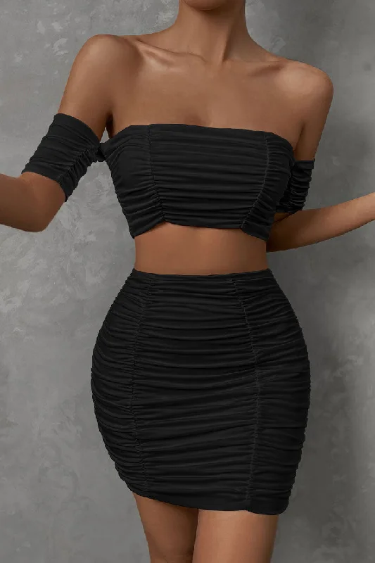 Sexy Off Shoulder Crop Top High Waist Ruched Two Piece Club Mini Dress - Black Chic Pleated Mini Dress Sexy Off Shoulder Crop Top High Waist Ruched Two Piece Club Mini Dress - Black Chic Pleated Mini Dress