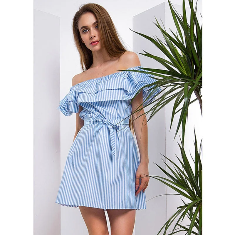 Sexy Slash Striped Ruffle Sleeveless Mini Dresses Women Casual Lace Up Above-knee Dress Summer Ladies Party Club Dress Vestidos Cozy Jersey Mini Dress