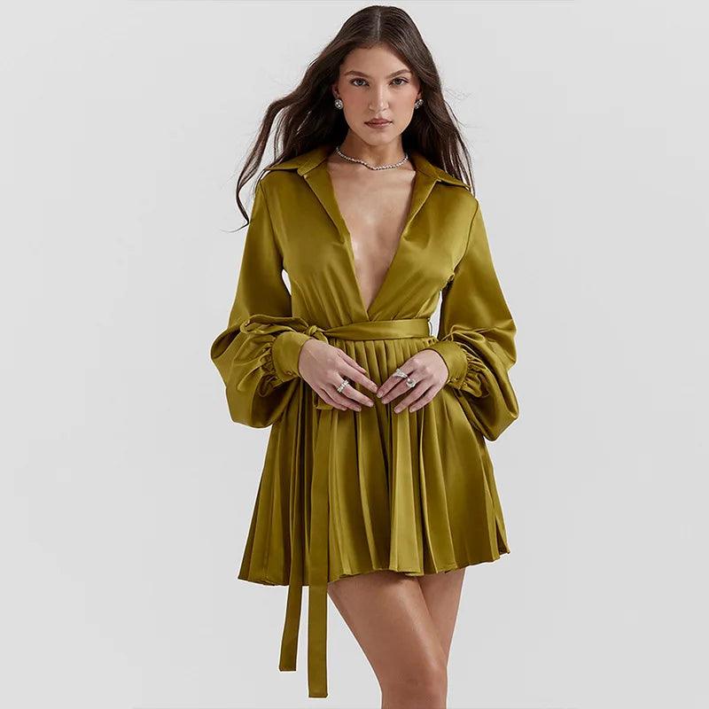 Silk Long Sleeve Pleated Mini Dress Fashionable A-Line Mini Dress