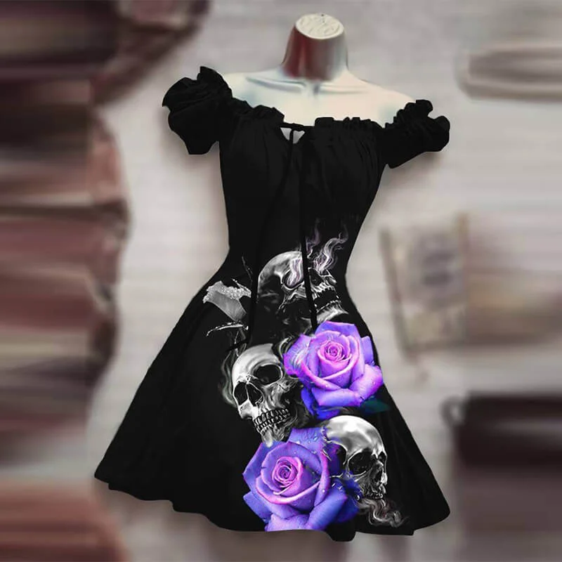 Skull Rose Print Puff Sleeve Mini Dress Classic Striped Mini Dress