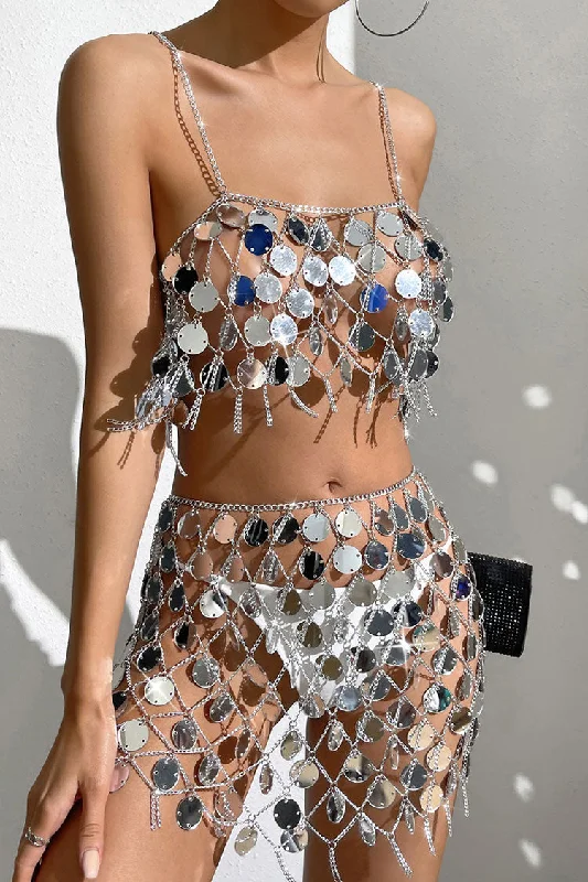 Sparkly Disc Sequin Crop Top Sheer Club Two Piece Mini Dress - Silver Fashionable A-Line Mini Dress Sparkly Disc Sequin Crop Top Sheer Club Two Piece Mini Dress - Silver Fashionable A-Line Mini Dress
