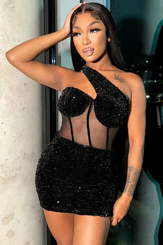 Sparkly One Shoulder Mesh Velvet Sequin Bodycon Party Mini Dress - Black Cozy Sweater Mini Dress