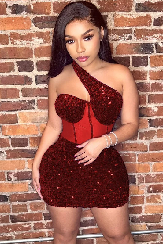 Sparkly One Shoulder Mesh Velvet Sequin Bodycon Party Mini Dress - Red Casual High-Waist Mini Dress