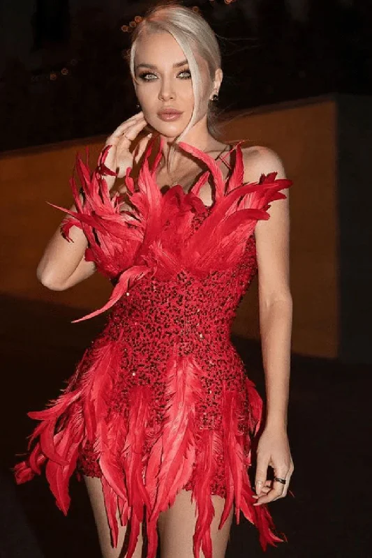 Sparkly Sequin Faux Feather Bodycon Strapless Party Mini Dress - Red Modern Satin Mini Dress