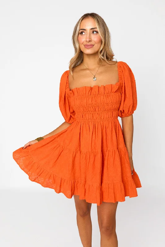 Spencer Puff Sleeve Mini Dress - Tangelo Fashionable Denim Mini Dress
