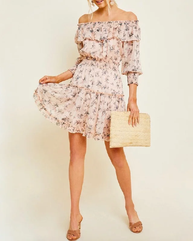 Sweet Talk Floral Off the Shoulder Mini Dress in Blush Cozy Sweater Mini Dress