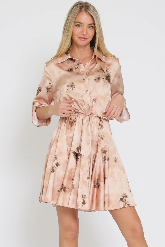 Tan Floral Mini Dress 5161 Trendy Button-Detail Mini Dress