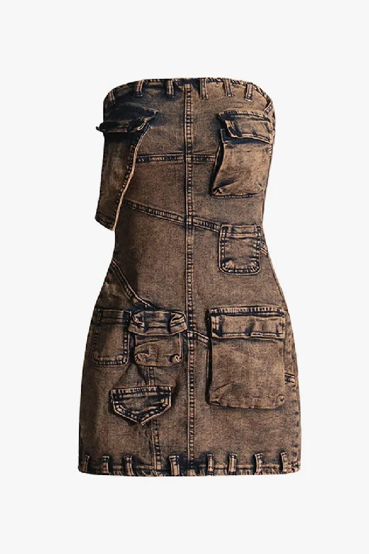Vintage Belt Loop Trim Cargo Pocket Bodycon Strapless Denim Mini Dress Modern Satin Mini Dress