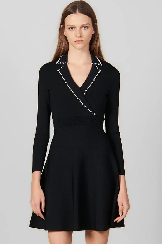 Vintage Pearl Lapel Long Sleeve Fit & Flare Sweater Mini Dress - Black Elegant Mini Dress with Ruffles