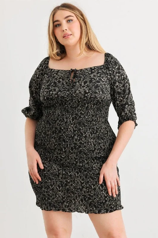 Plus Size Floral Smocked Puff Sleeve Tie Neck Mini Dress Elegant Lace-Up Mini Dress