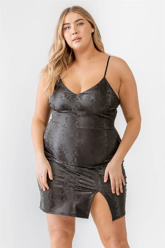 Plus Size Snake Vegan Leather Sleeveless Mini Dress Elegant Off-Shoulder Dress Mini
