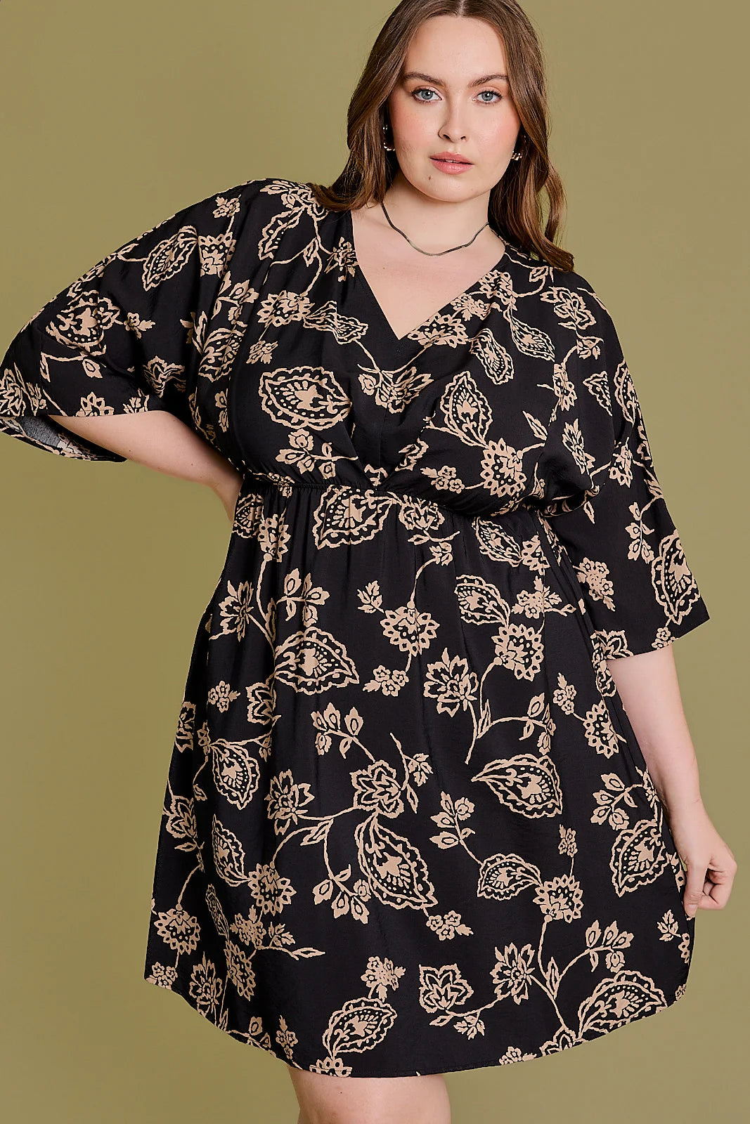 Plus Size Floral A-Line 3/4 Sleeve Mini Dress Classic Black Mini Dress