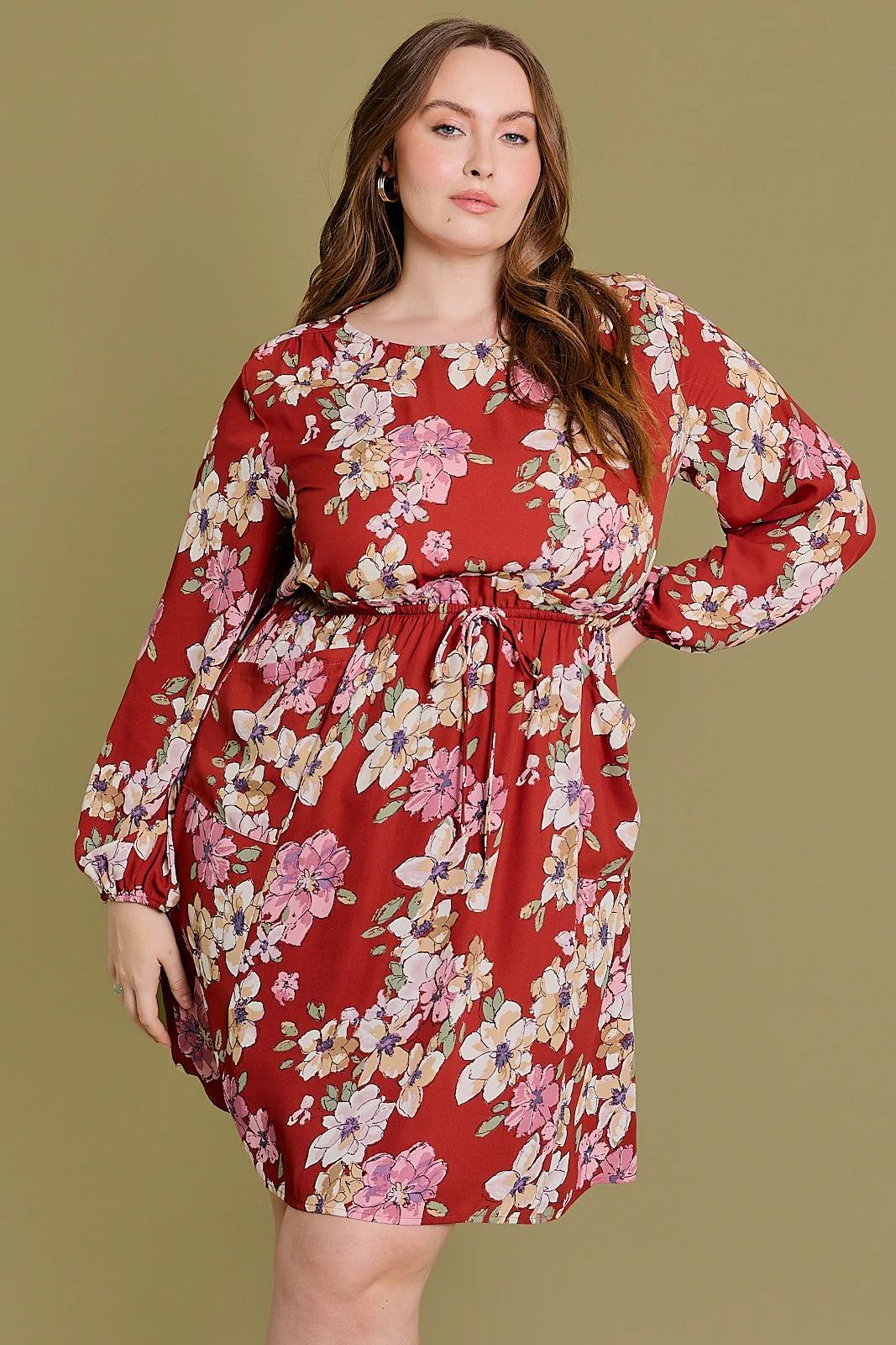 Plus Size Floral Ruffle Waist Chiffon Mini Dress Fashionable Mini Dress with Pockets