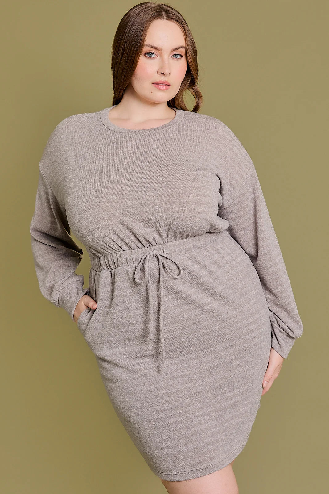Plus Size Basic Drawstring Waist Mini Dress Comfortable Smocked Mini Dress