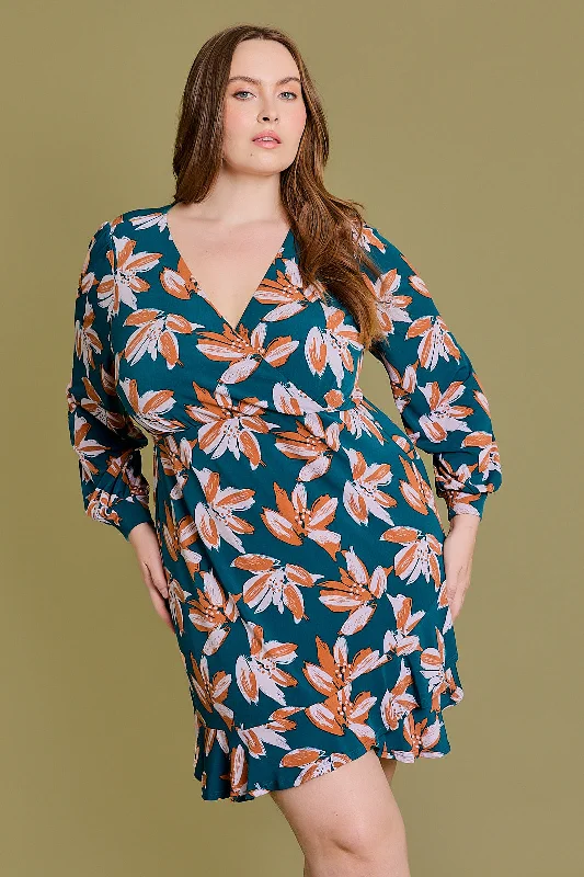 Plus Size Wrap Floral Long Sleeve Surplice Mini Dress Cozy Long Sleeve Mini Dress