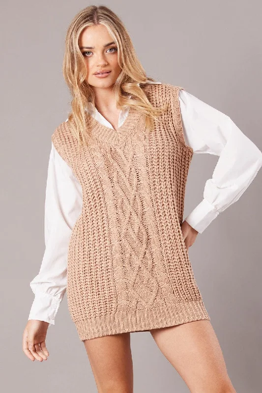 Beige Knit Top Jumper Denim Fabric Leather Fabric Suede Fabric