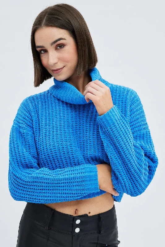 Blue Knit Jumper Turtle Neck Chenille Herringbone Houndstooth Plaid