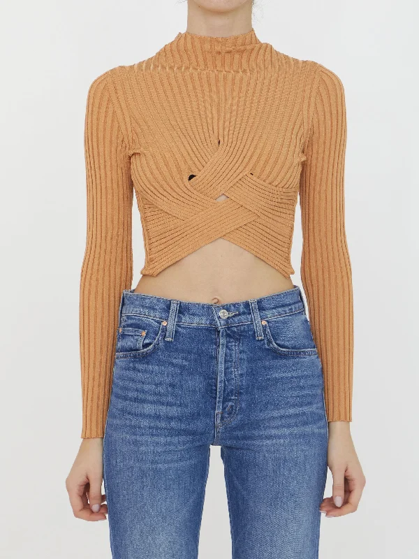 Cropped Ribbed Jumper Mesh Fabric Canvas Fabric Denim Fabric