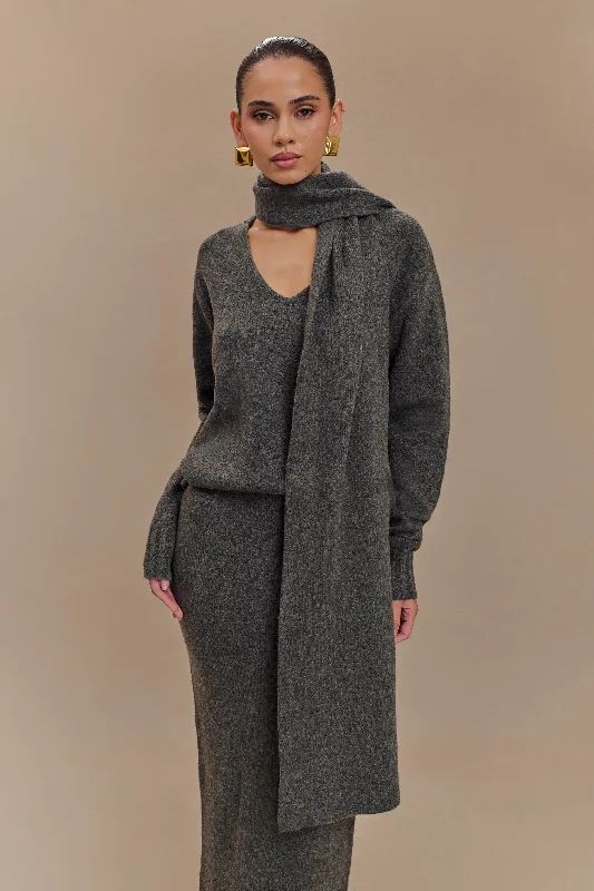 Ella V Neck Knit Jumper With Scarf - Charcoal Marle Terry Blend Velvet Blend Canvas Blend