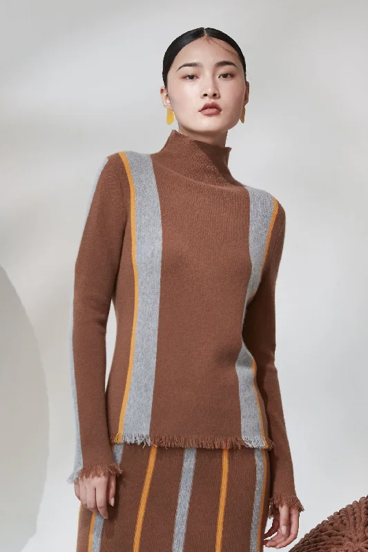 Funnel neck contrasting color 100% cashmere jumper Welt Pockets Slit Pockets Flap Pockets