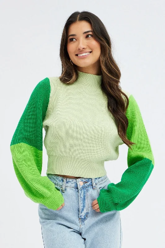 Green Knit Jumper Colour Block Polka Dot Checkered Tartan