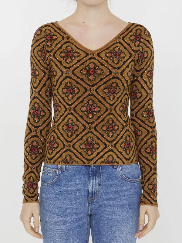 Jacquard Fabric Jumper Beaded Sweater Sequined Faux Fur